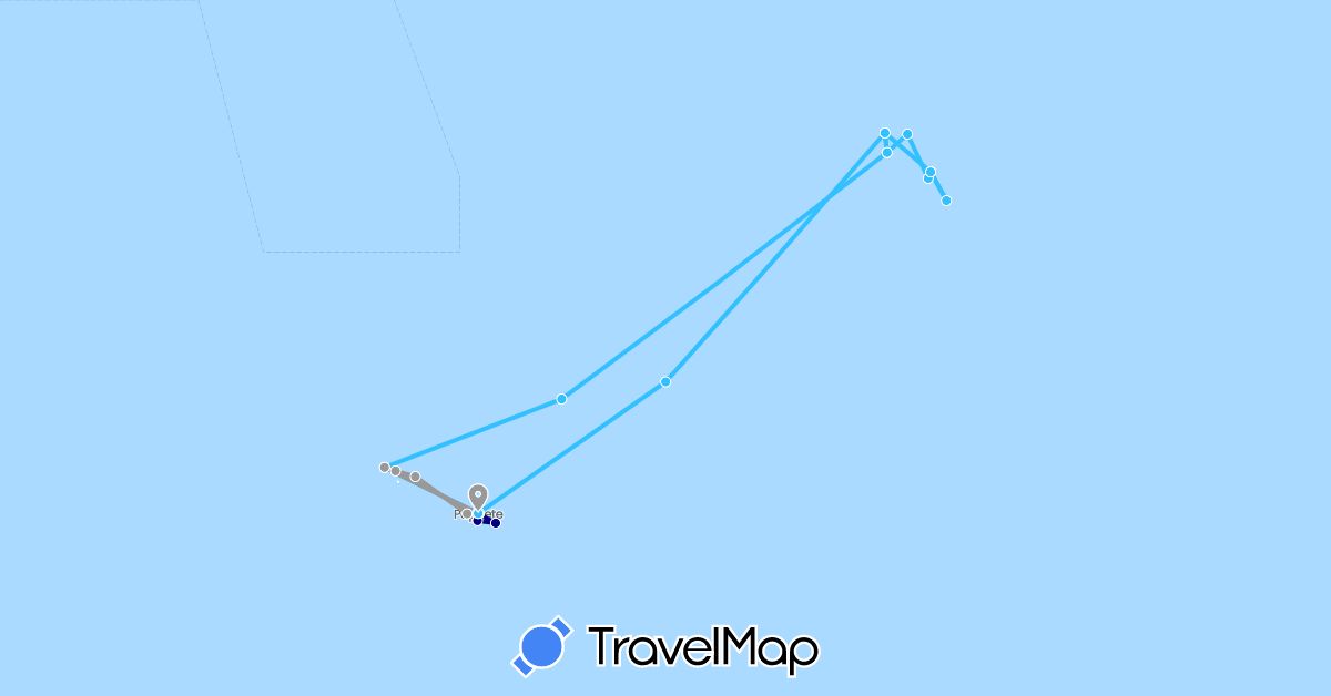 TravelMap itinerary: driving, plane, boat in France, French Polynesia (Europe, Oceania)